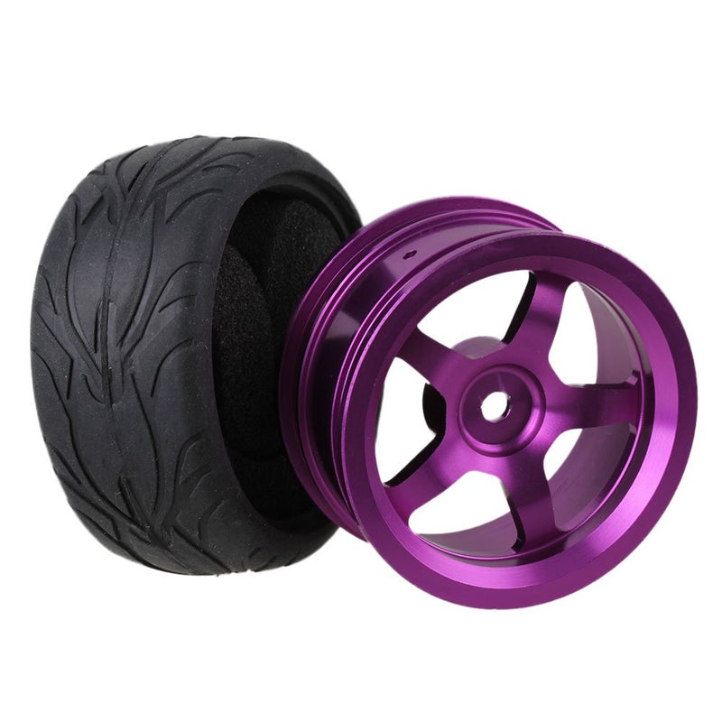 Mxfans Black Scale Pattern Rubber Tyre and Purple Alloy Wheel Rims with 5 Spoke for RC 1:10 On-Road Racing Car Pack of 4 - Image 5